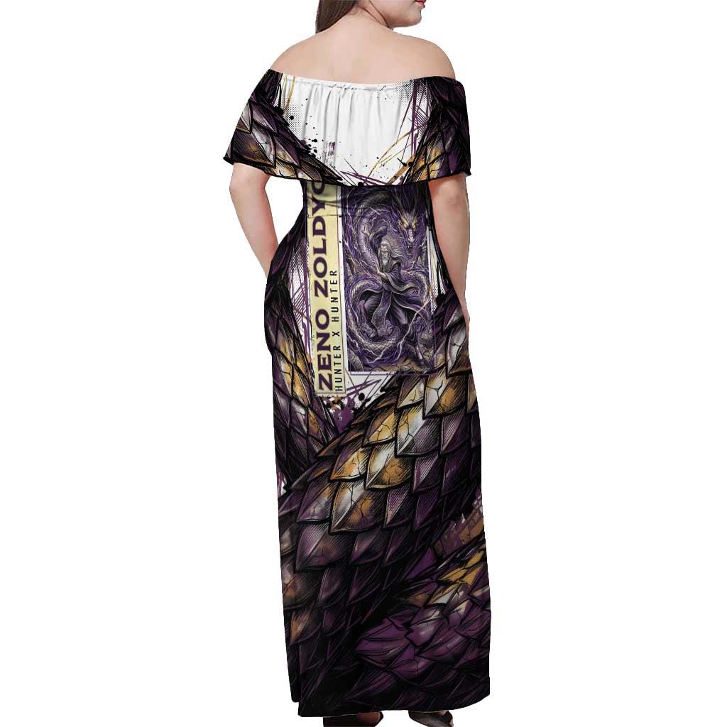 Zeno Zoldyck Theme White and Purple Dragon Aura Design Off Shoulder Maxi Dress with Dark Energy Card Artwork - The Mazicc