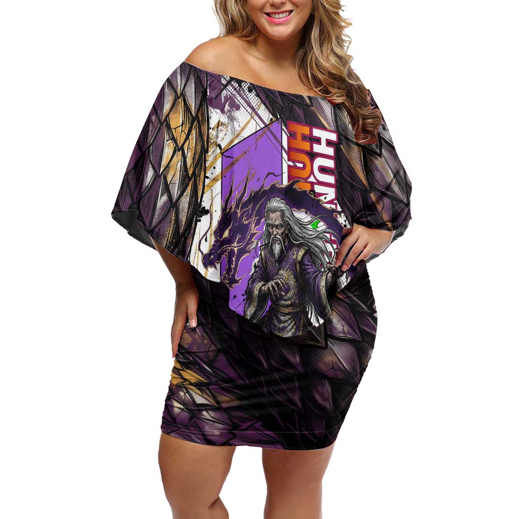Zeno Zoldyck Theme White and Purple Dragon Aura Design Off Shoulder Short Dress with Dark Energy Card Artwork - The Mazicc