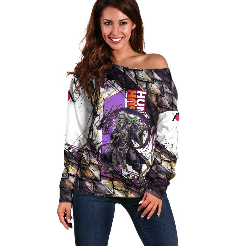 Zeno Zoldyck Theme White and Purple Dragon Aura Design Off Shoulder Sweater with Dark Energy Card Artwork - The Mazicc