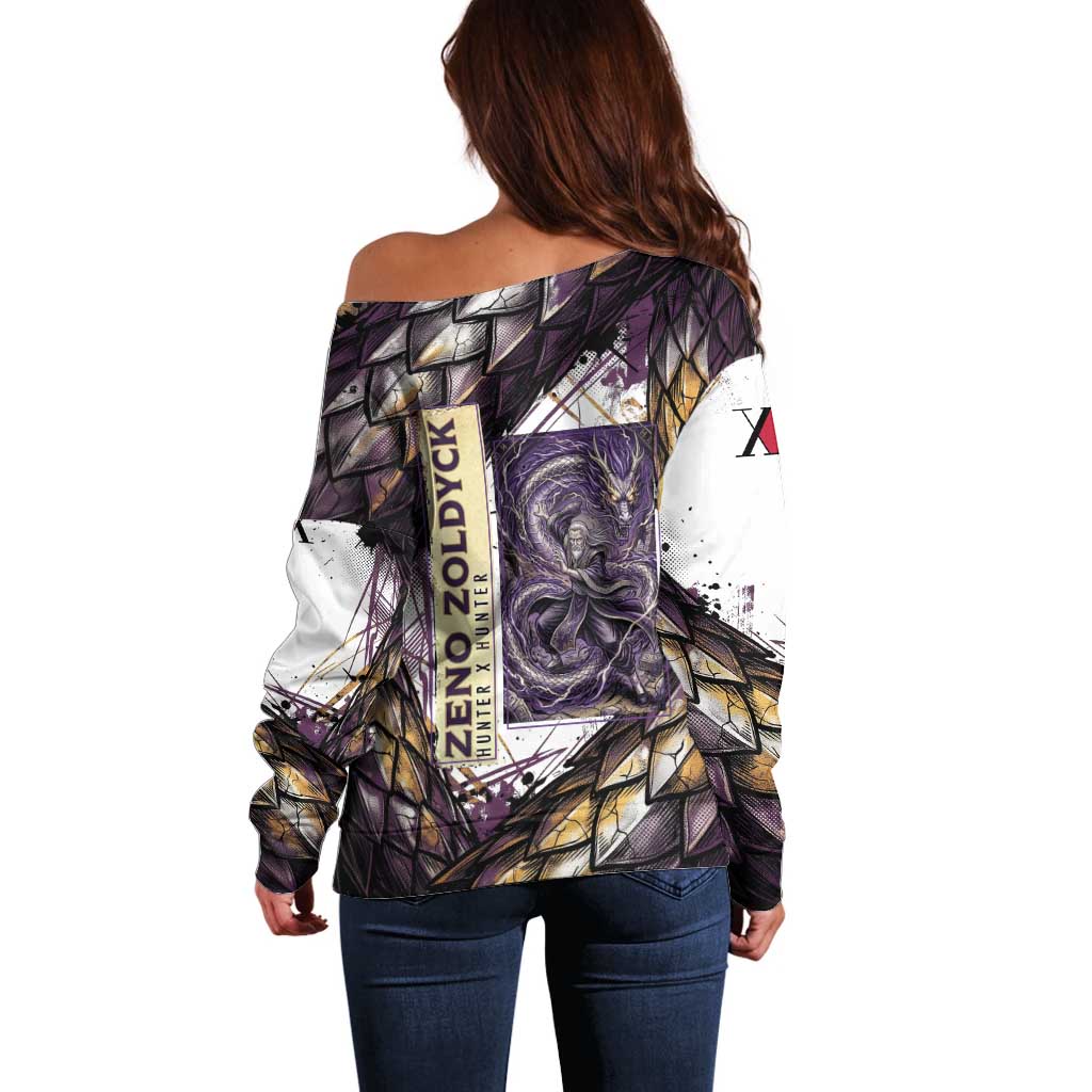 Zeno Zoldyck Theme White and Purple Dragon Aura Design Off Shoulder Sweater with Dark Energy Card Artwork - The Mazicc