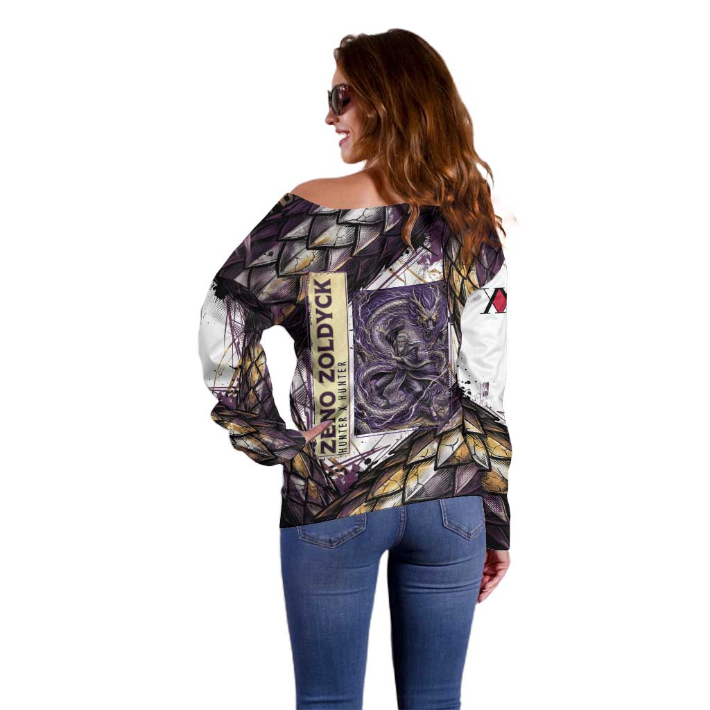Zeno Zoldyck Theme White and Purple Dragon Aura Design Off Shoulder Sweater with Dark Energy Card Artwork - The Mazicc