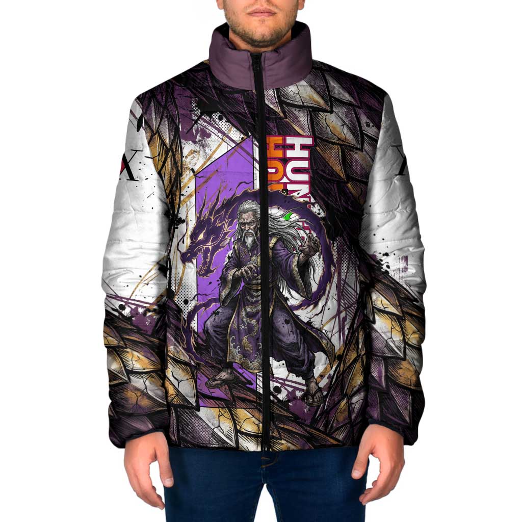 Zeno Zoldyck Theme White and Purple Dragon Aura Design Padded Jacket with Dark Energy Card Artwork - The Mazicc