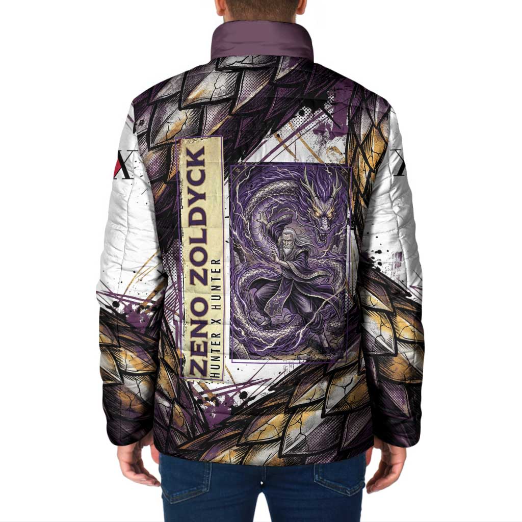 Zeno Zoldyck Theme White and Purple Dragon Aura Design Padded Jacket with Dark Energy Card Artwork - The Mazicc