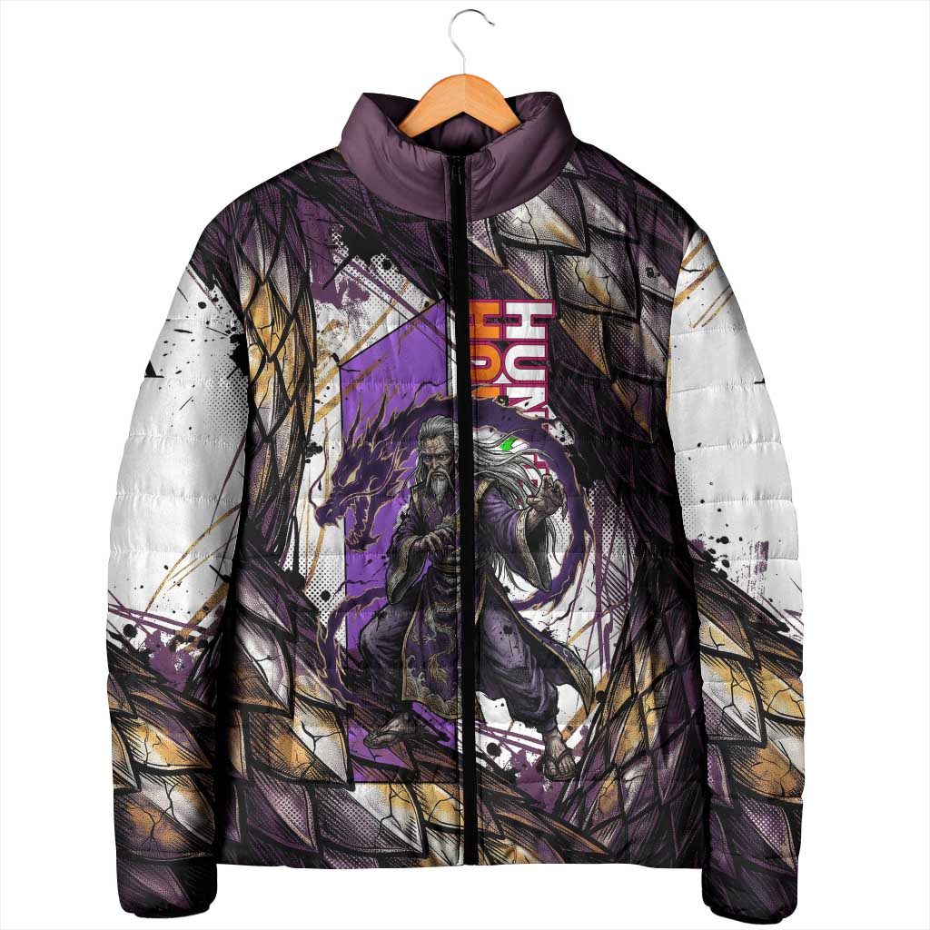 Zeno Zoldyck Theme White and Purple Dragon Aura Design Padded Jacket with Dark Energy Card Artwork - The Mazicc