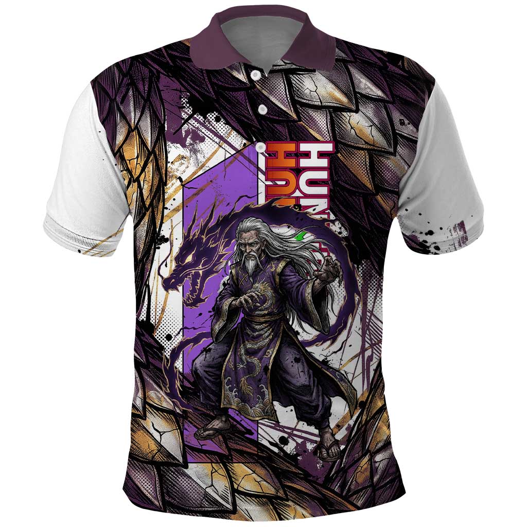 Zeno Zoldyck Theme White and Purple Dragon Aura Design Polo Shirt with Dark Energy Card Artwork - The Mazicc