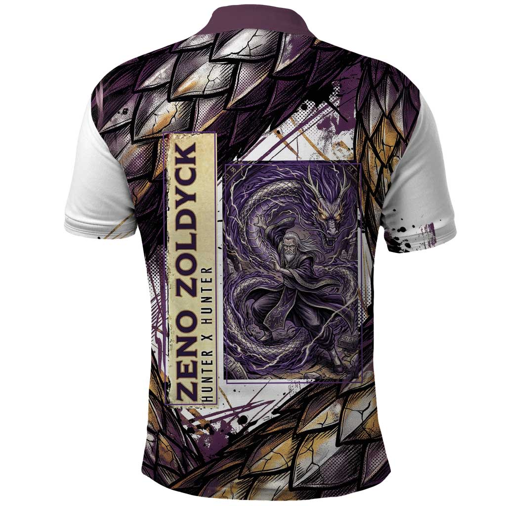 Zeno Zoldyck Theme White and Purple Dragon Aura Design Polo Shirt with Dark Energy Card Artwork - The Mazicc