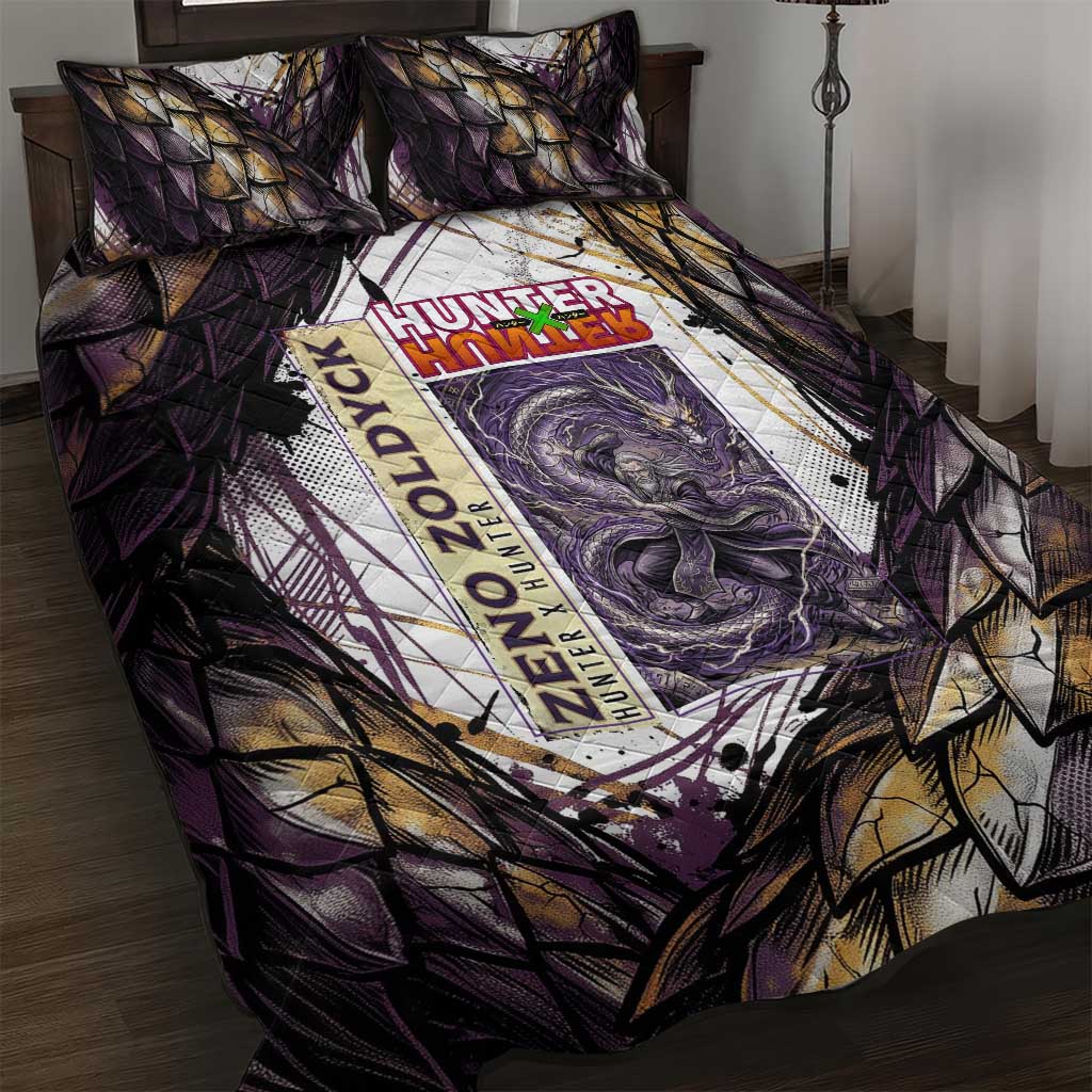 Zeno Zoldyck Theme White and Purple Dragon Aura Design Quilt Bed Set with Dark Energy Card Artwork - The Mazicc