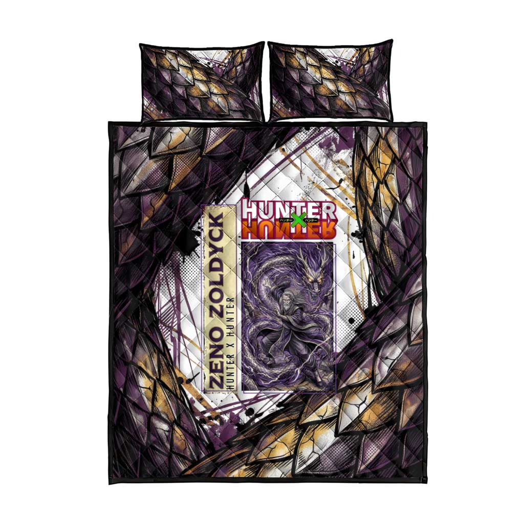 Zeno Zoldyck Theme White and Purple Dragon Aura Design Quilt Bed Set with Dark Energy Card Artwork - The Mazicc