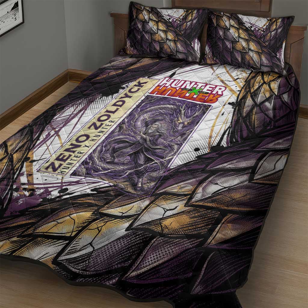 Zeno Zoldyck Theme White and Purple Dragon Aura Design Quilt Bed Set with Dark Energy Card Artwork - The Mazicc