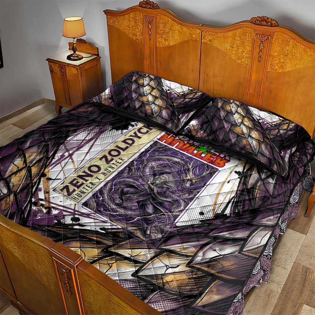 Zeno Zoldyck Theme White and Purple Dragon Aura Design Quilt Bed Set with Dark Energy Card Artwork - The Mazicc
