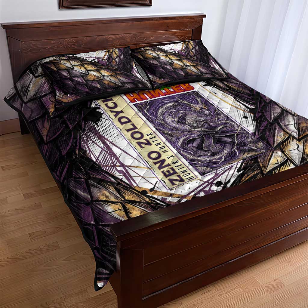 Zeno Zoldyck Theme White and Purple Dragon Aura Design Quilt Bed Set with Dark Energy Card Artwork - The Mazicc