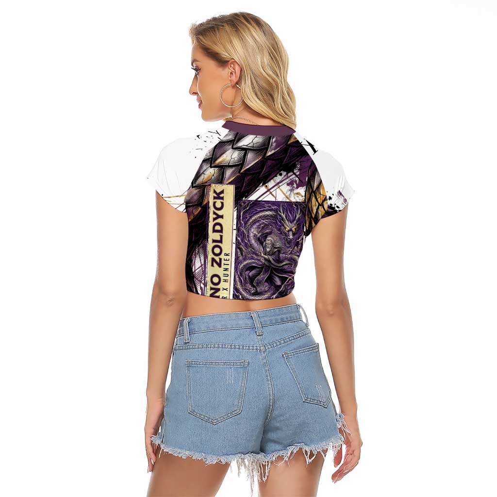Zeno Zoldyck Theme White and Purple Dragon Aura Design Raglan Cropped T Shirt with Dark Energy Card Artwork - The Mazicc