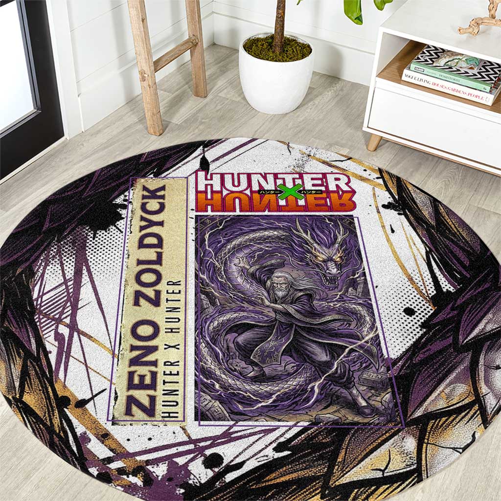 Zeno Zoldyck Theme White and Purple Dragon Aura Design Round Carpet with Dark Energy Card Artwork - The Mazicc