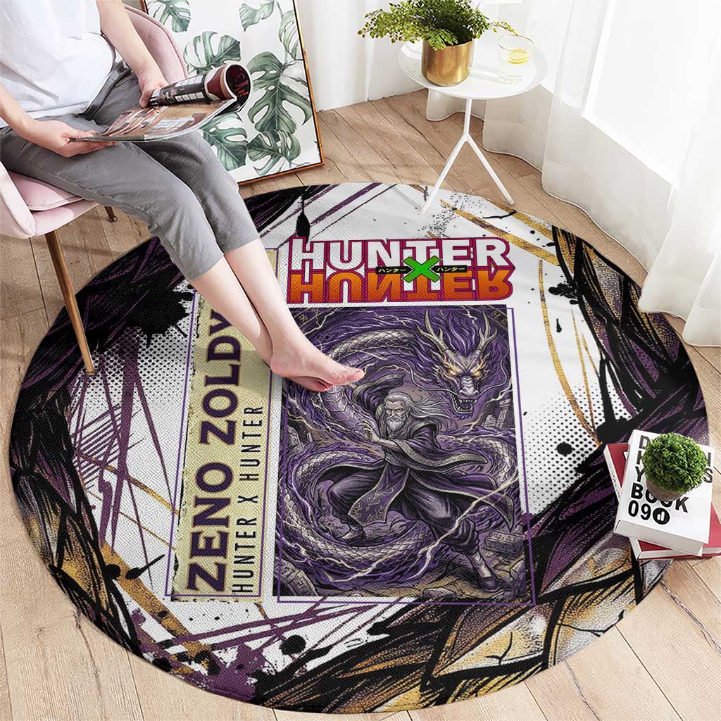 Zeno Zoldyck Theme White and Purple Dragon Aura Design Round Carpet with Dark Energy Card Artwork - The Mazicc