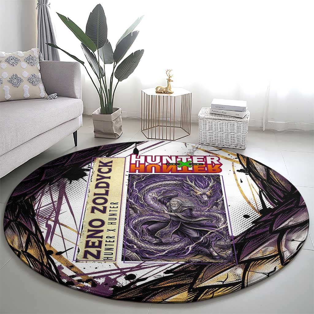Zeno Zoldyck Theme White and Purple Dragon Aura Design Round Carpet with Dark Energy Card Artwork - The Mazicc
