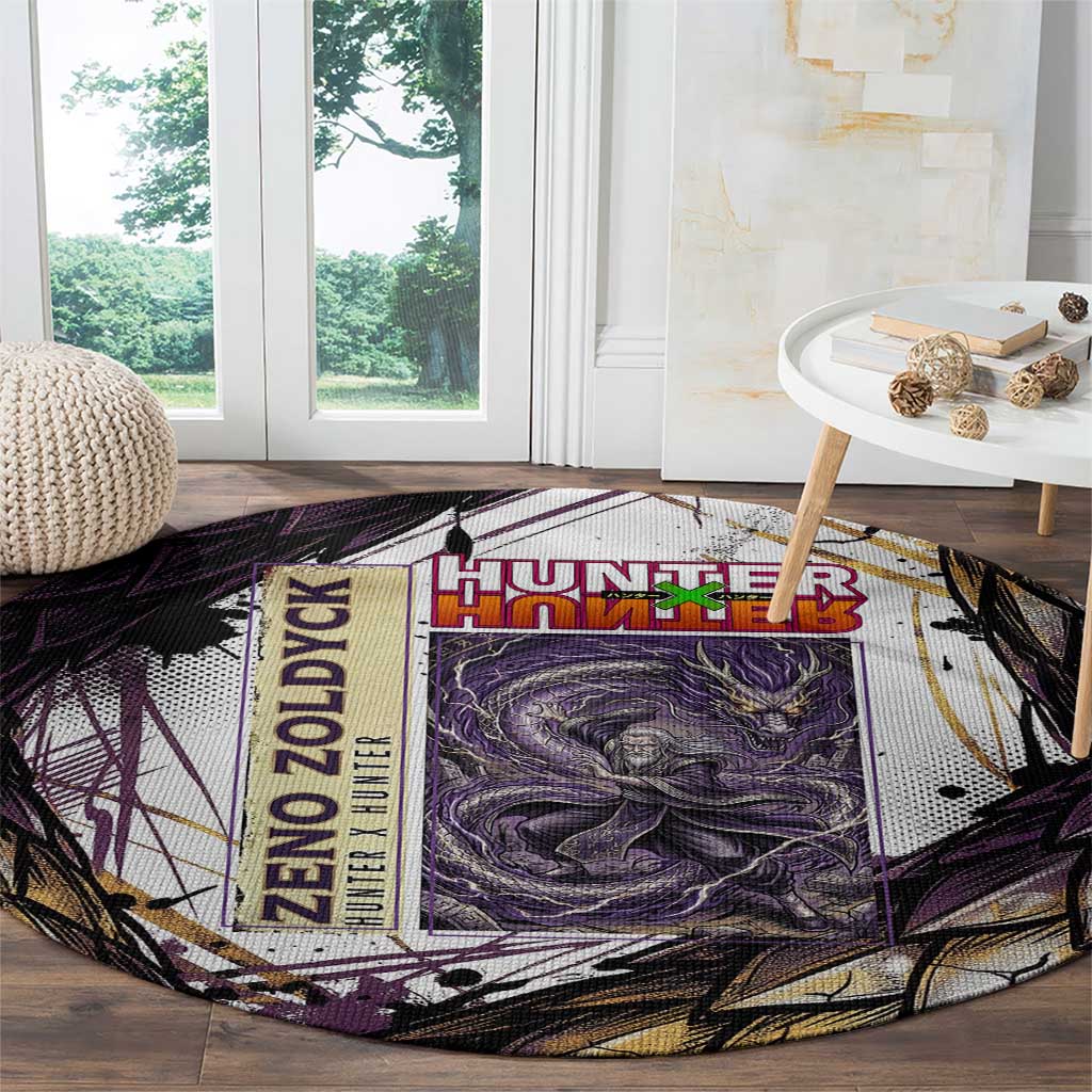 Zeno Zoldyck Theme White and Purple Dragon Aura Design Round Carpet with Dark Energy Card Artwork - The Mazicc