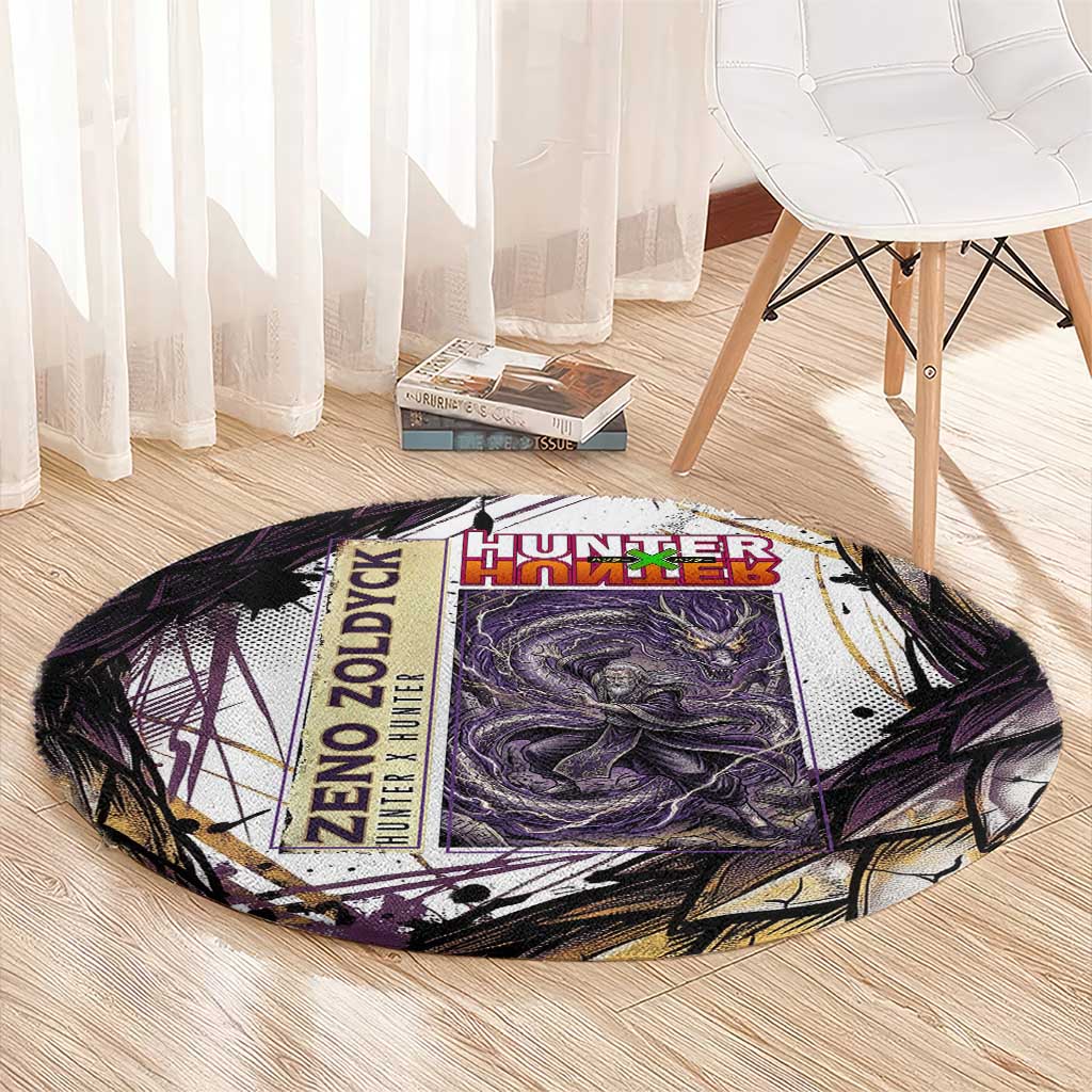 Zeno Zoldyck Theme White and Purple Dragon Aura Design Round Carpet with Dark Energy Card Artwork - The Mazicc