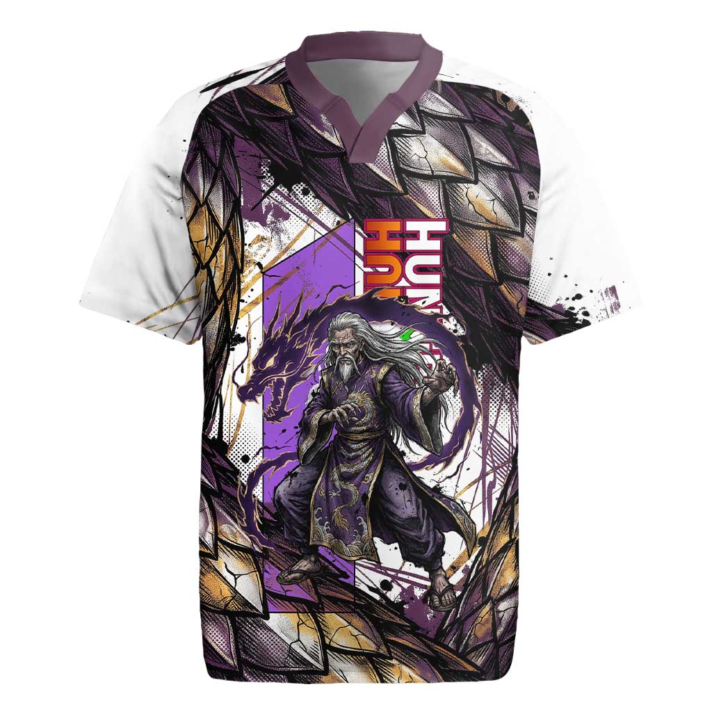 Zeno Zoldyck Theme White and Purple Dragon Aura Design Rugby Jersey with Dark Energy Card Artwork - The Mazicc