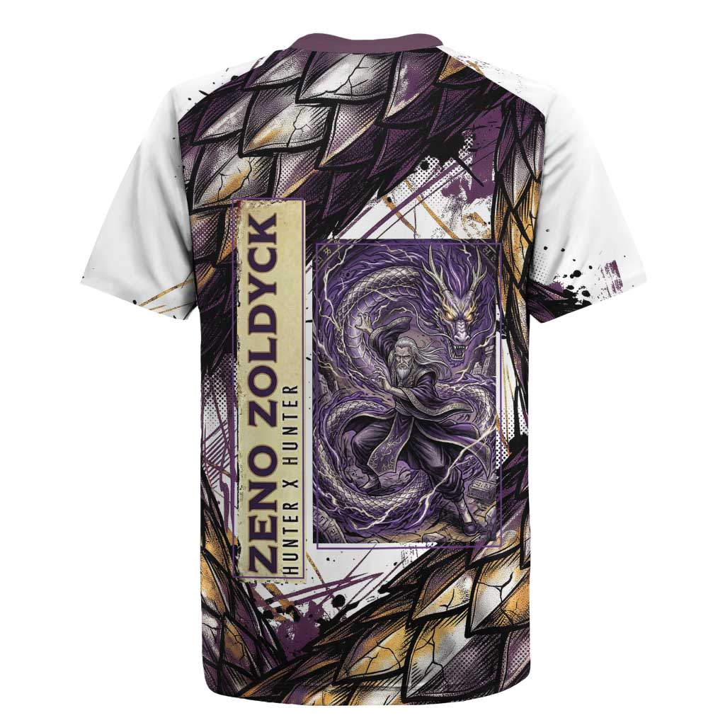 Zeno Zoldyck Theme White and Purple Dragon Aura Design Rugby Jersey with Dark Energy Card Artwork - The Mazicc
