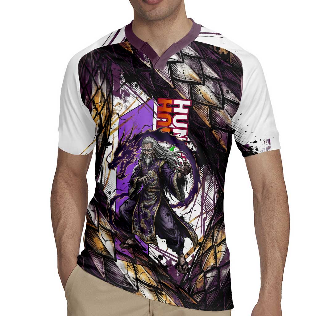 Zeno Zoldyck Theme White and Purple Dragon Aura Design Rugby Jersey with Dark Energy Card Artwork - The Mazicc