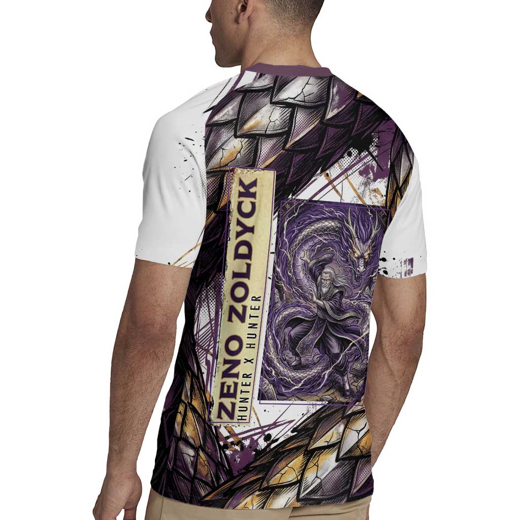 Zeno Zoldyck Theme White and Purple Dragon Aura Design Rugby Jersey with Dark Energy Card Artwork - The Mazicc