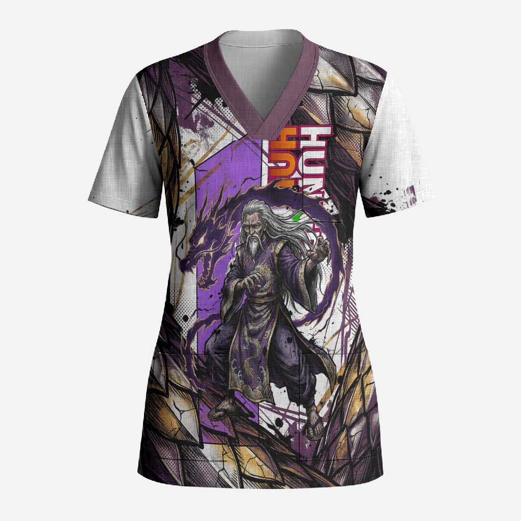 Zeno Zoldyck Theme White and Purple Dragon Aura Design Scrub Top with Dark Energy Card Artwork - The Mazicc
