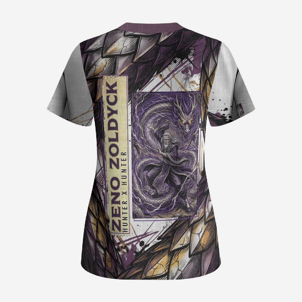 Zeno Zoldyck Theme White and Purple Dragon Aura Design Scrub Top with Dark Energy Card Artwork - The Mazicc