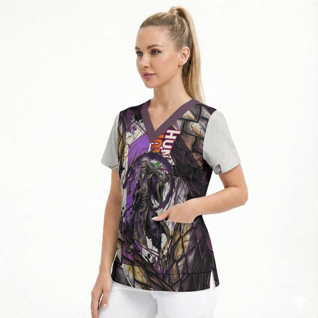 Zeno Zoldyck Theme White and Purple Dragon Aura Design Scrub Top with Dark Energy Card Artwork - The Mazicc