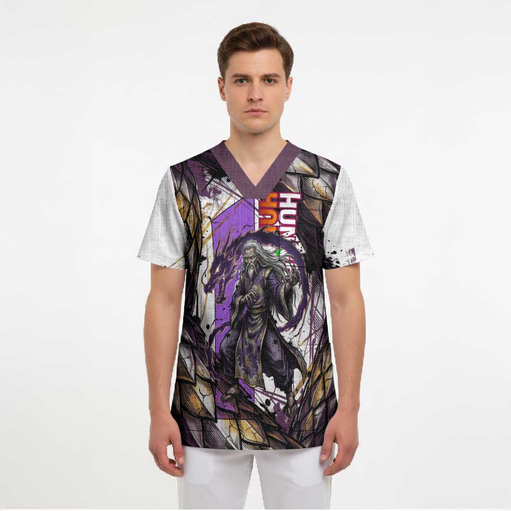 Zeno Zoldyck Theme White and Purple Dragon Aura Design Scrub Top with Dark Energy Card Artwork - The Mazicc