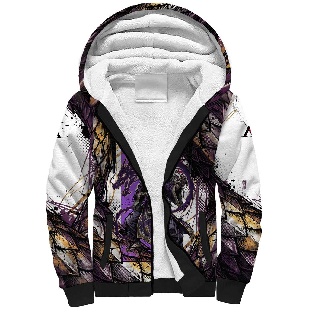 Zeno Zoldyck Theme White and Purple Dragon Aura Design Sherpa Hoodie with Dark Energy Card Artwork - The Mazicc