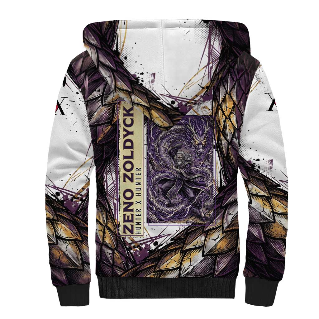 Zeno Zoldyck Theme White and Purple Dragon Aura Design Sherpa Hoodie with Dark Energy Card Artwork - The Mazicc