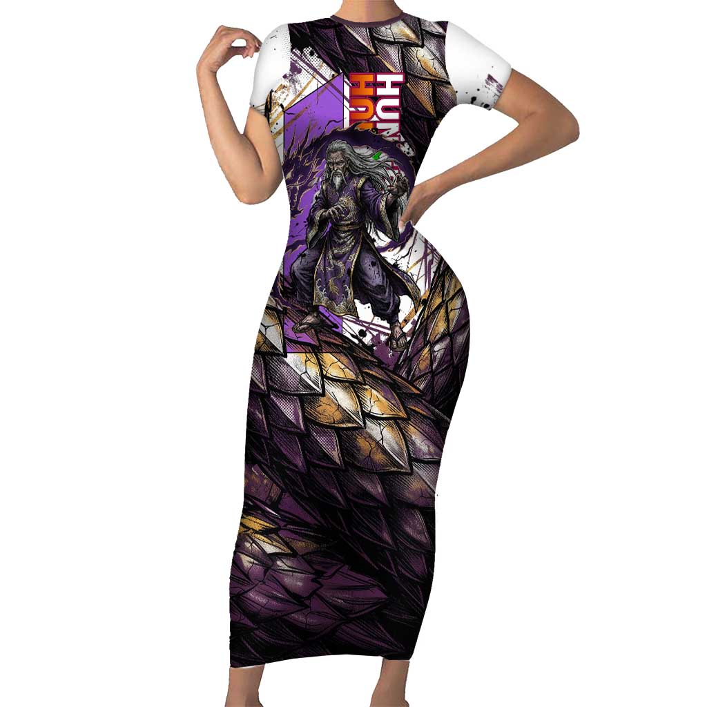 Zeno Zoldyck Theme White and Purple Dragon Aura Design Short Sleeve Bodycon Dress with Dark Energy Card Artwork - The Mazicc