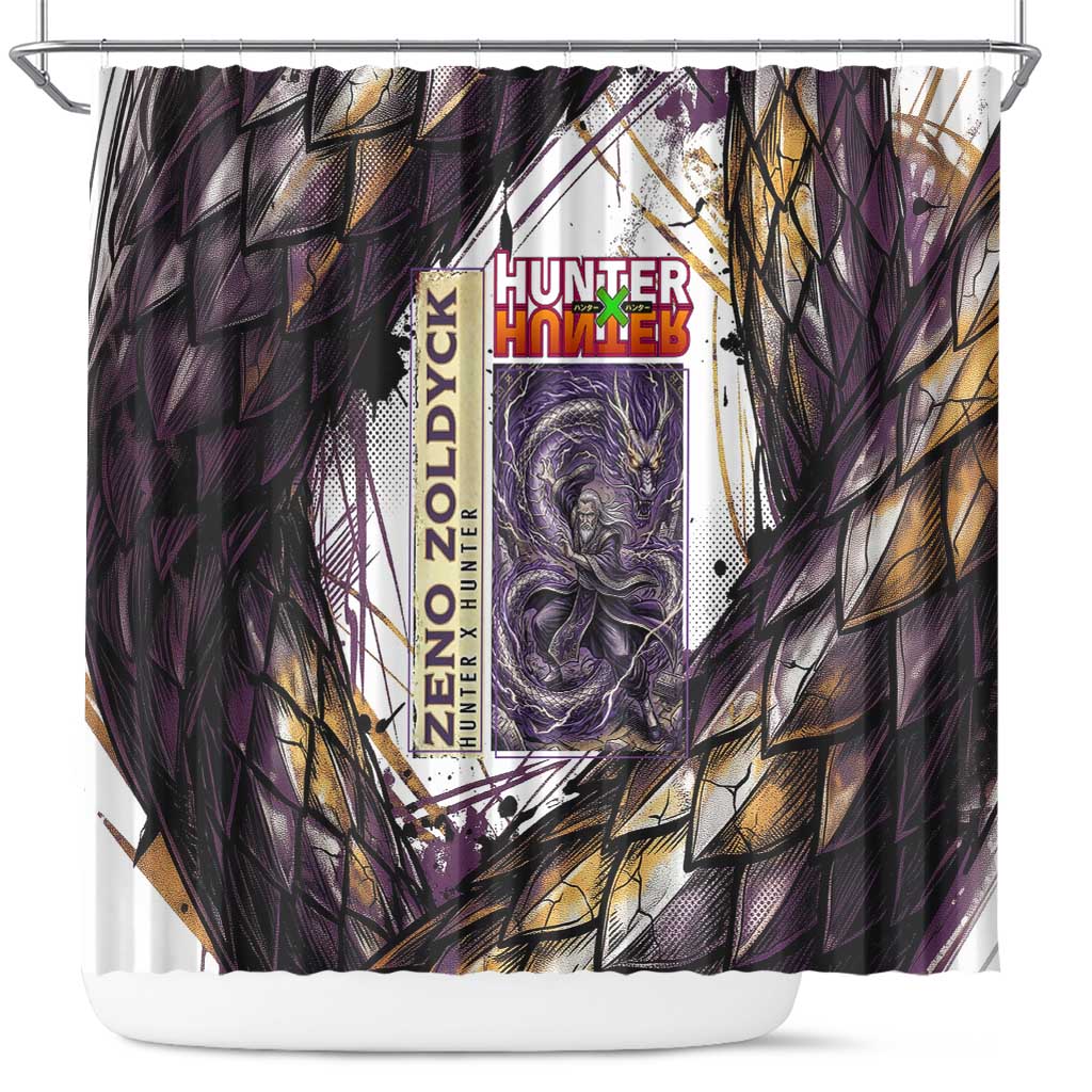 Zeno Zoldyck Theme White and Purple Dragon Aura Design Shower Curtain with Dark Energy Card Artwork - The Mazicc