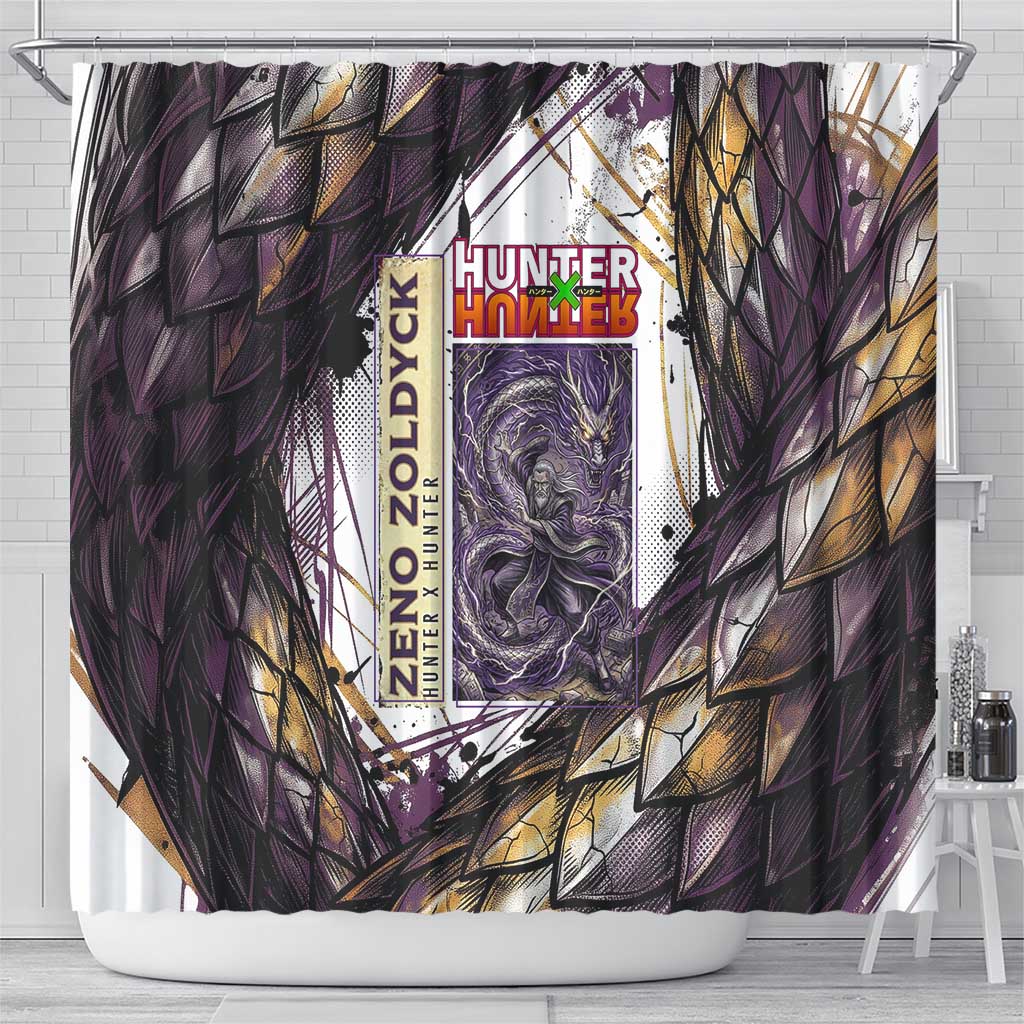 Zeno Zoldyck Theme White and Purple Dragon Aura Design Shower Curtain with Dark Energy Card Artwork - The Mazicc