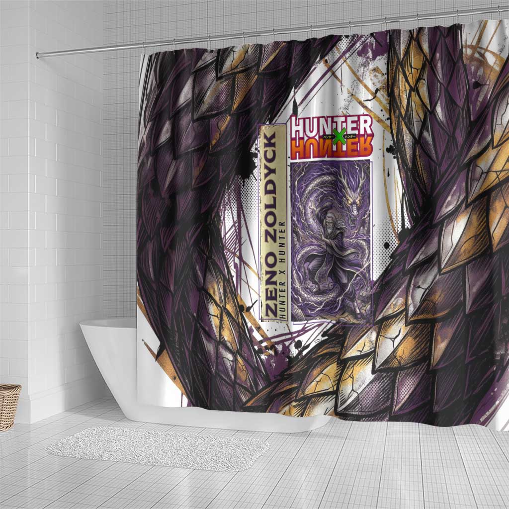 Zeno Zoldyck Theme White and Purple Dragon Aura Design Shower Curtain with Dark Energy Card Artwork - The Mazicc