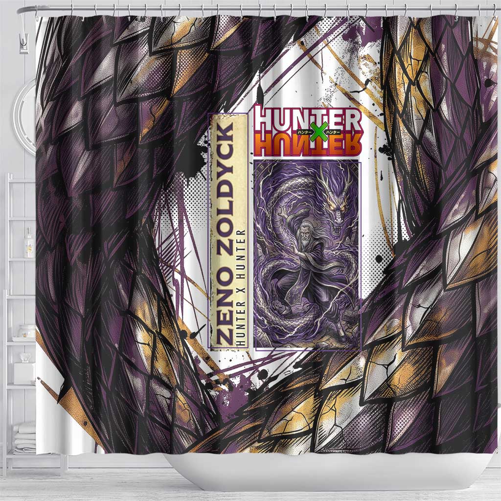 Zeno Zoldyck Theme White and Purple Dragon Aura Design Shower Curtain with Dark Energy Card Artwork - The Mazicc
