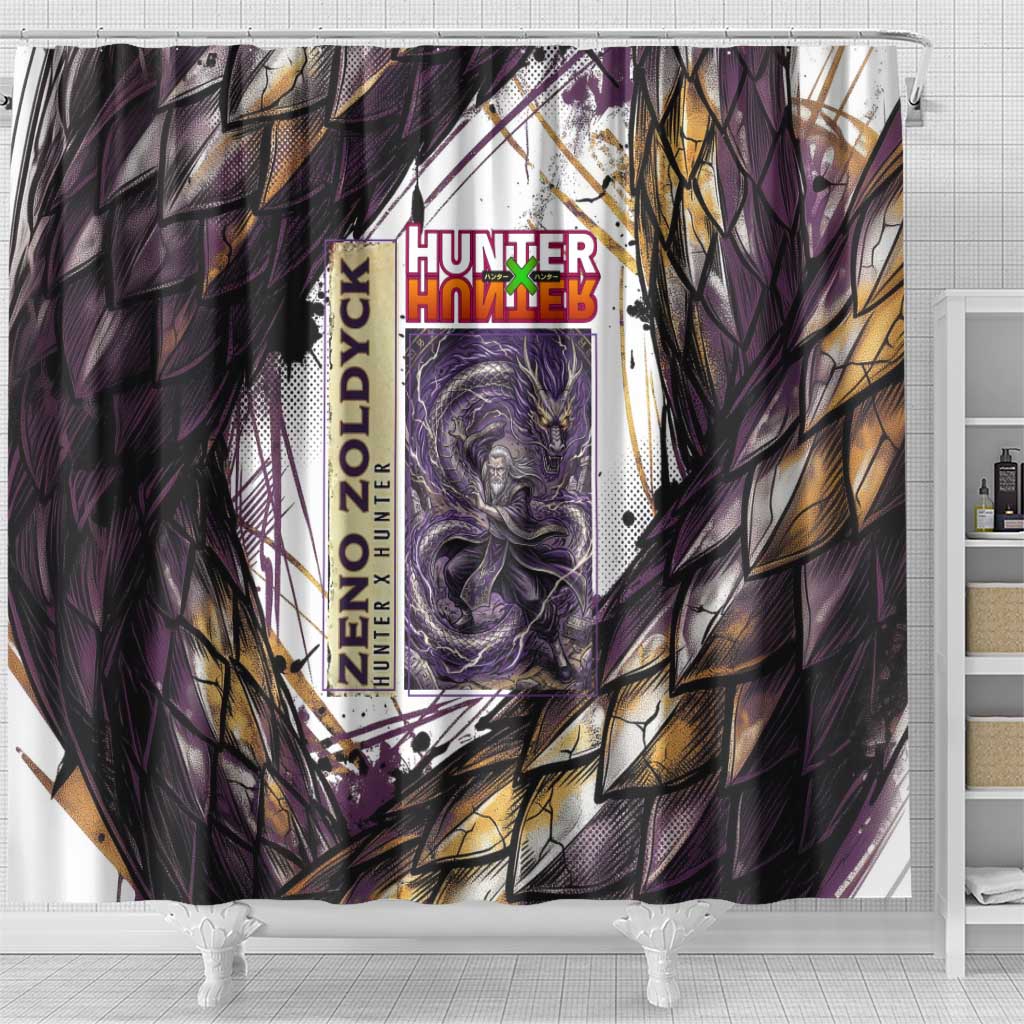 Zeno Zoldyck Theme White and Purple Dragon Aura Design Shower Curtain with Dark Energy Card Artwork - The Mazicc
