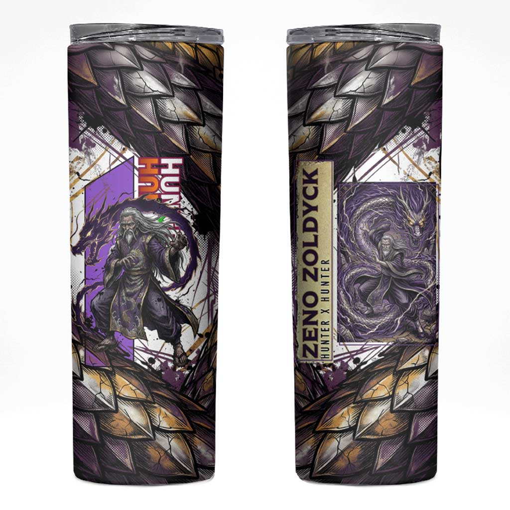 Zeno Zoldyck Theme White and Purple Dragon Aura Design Skinny Tumbler with Dark Energy Card Artwork - The Mazicc