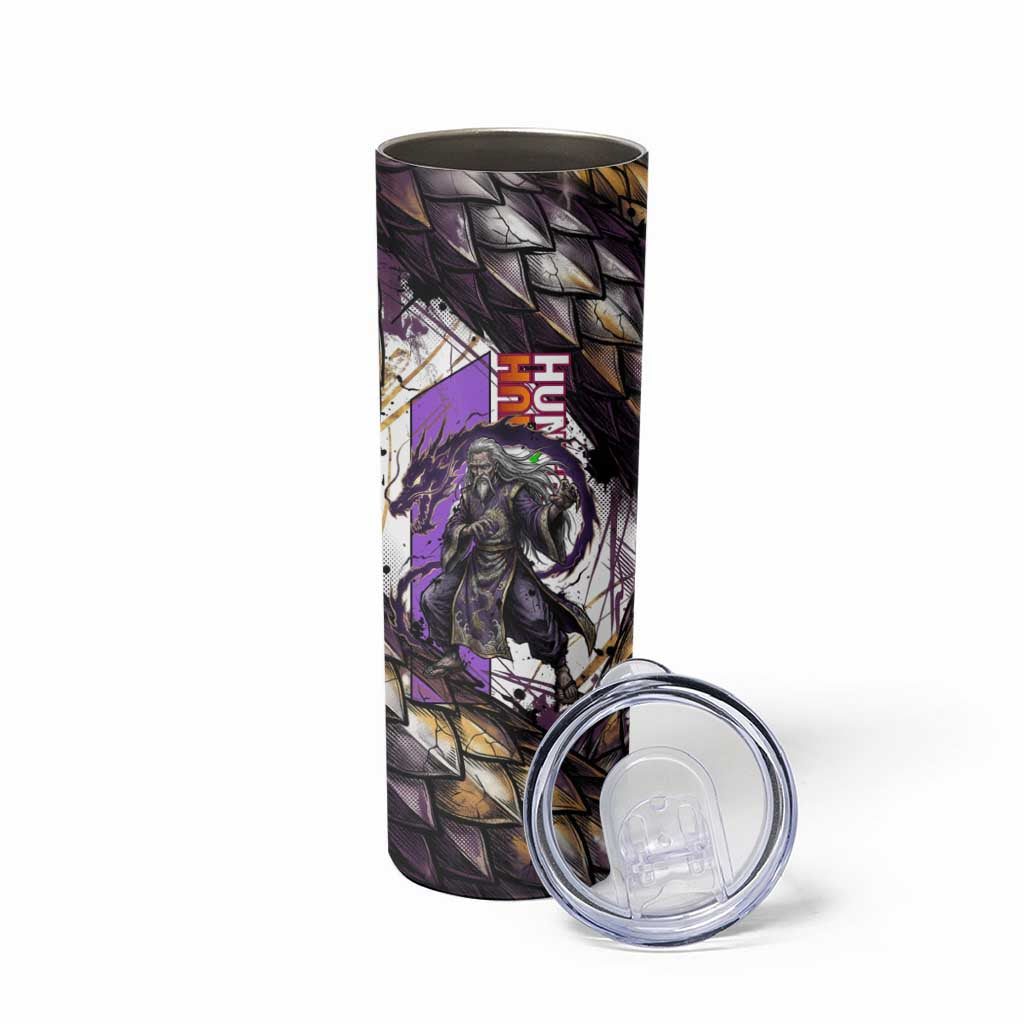 Zeno Zoldyck Theme White and Purple Dragon Aura Design Skinny Tumbler with Dark Energy Card Artwork - The Mazicc