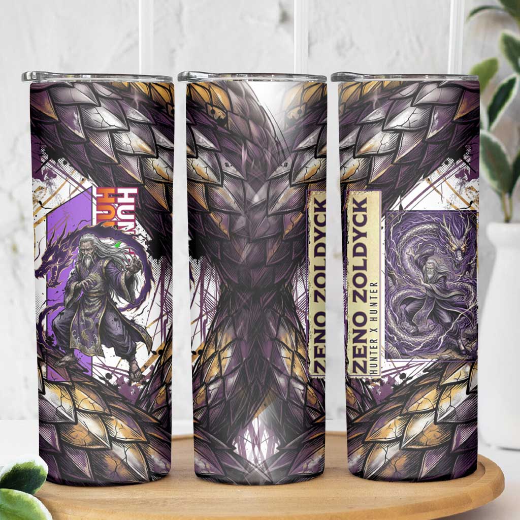 Zeno Zoldyck Theme White and Purple Dragon Aura Design Skinny Tumbler with Dark Energy Card Artwork - The Mazicc