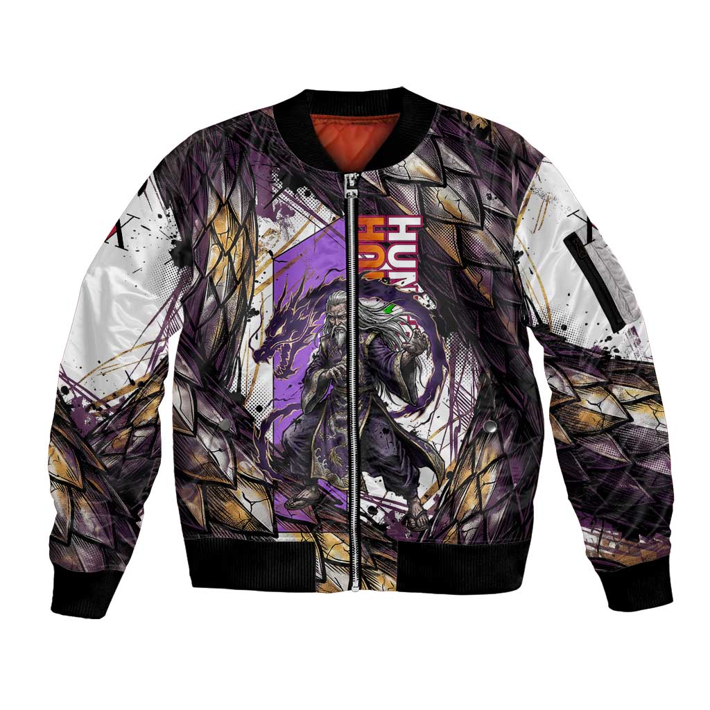 Zeno Zoldyck Theme White and Purple Dragon Aura Design Sleeve Zip Bomber Jacket with Dark Energy Card Artwork - The Mazicc