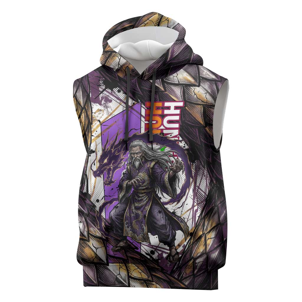 Zeno Zoldyck Theme White and Purple Dragon Aura Design Sleeveless Hoodie with Dark Energy Card Artwork - The Mazicc