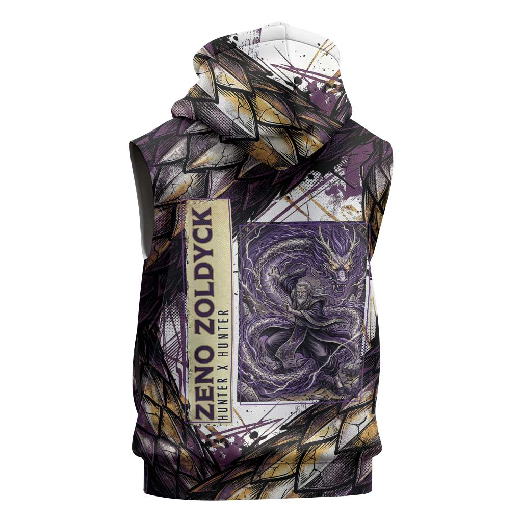 Zeno Zoldyck Theme White and Purple Dragon Aura Design Sleeveless Hoodie with Dark Energy Card Artwork - The Mazicc