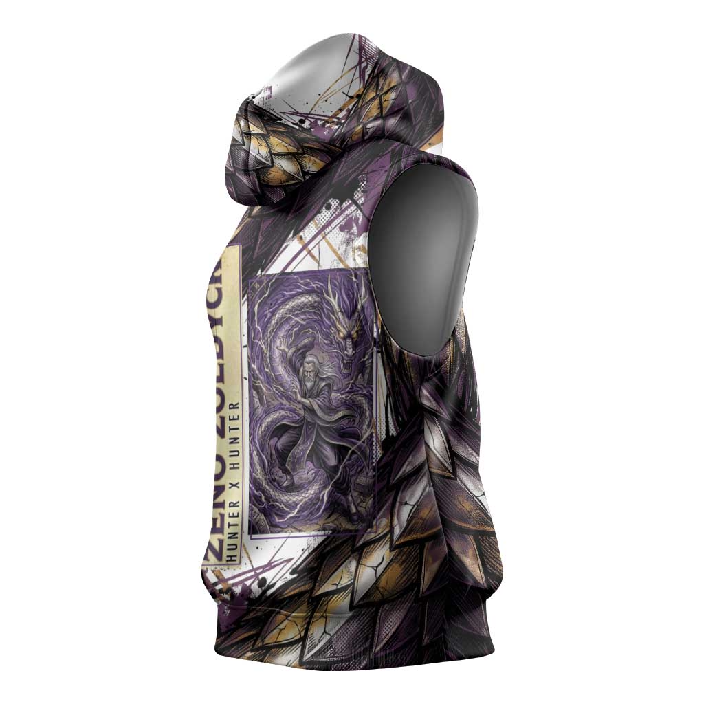 Zeno Zoldyck Theme White and Purple Dragon Aura Design Sleeveless Hoodie with Dark Energy Card Artwork - The Mazicc