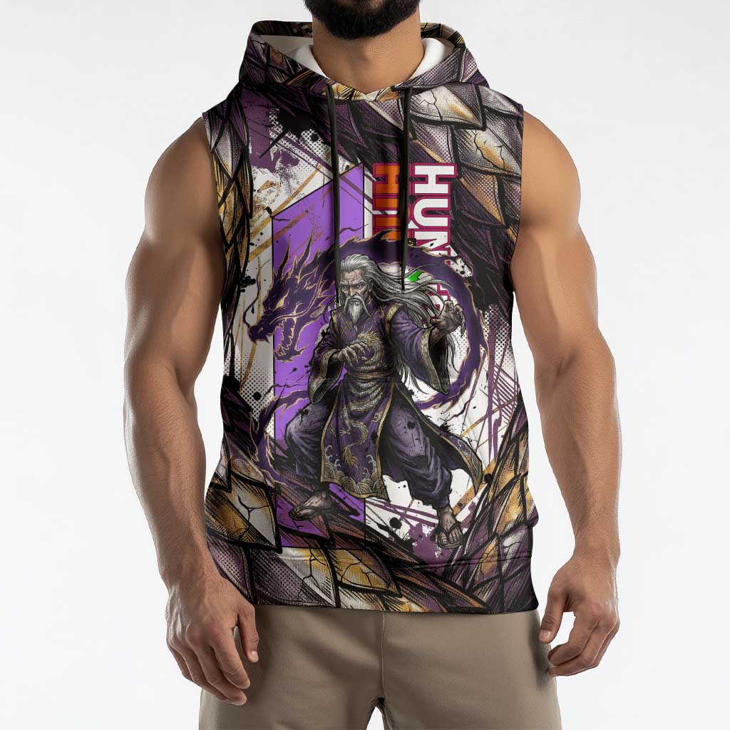 Zeno Zoldyck Theme White and Purple Dragon Aura Design Sleeveless Hoodie with Dark Energy Card Artwork - The Mazicc