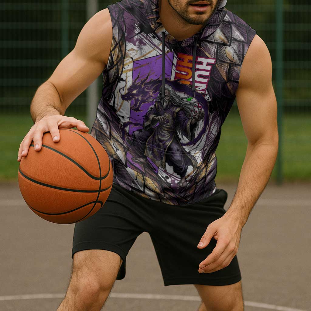 Zeno Zoldyck Theme White and Purple Dragon Aura Design Sleeveless Hoodie with Dark Energy Card Artwork - The Mazicc