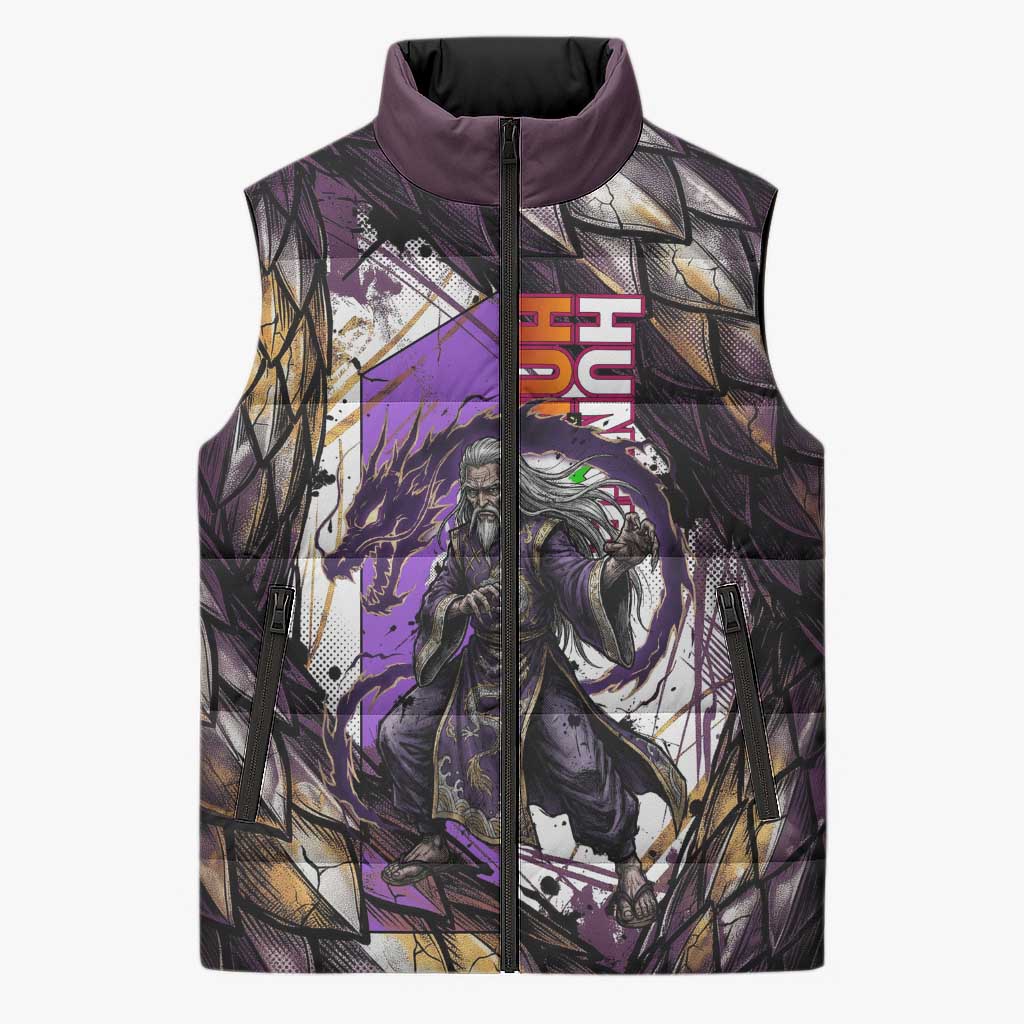 Zeno Zoldyck Theme White and Purple Dragon Aura Design Sleeveless Puffer Jacket with Dark Energy Card Artwork - The Mazicc