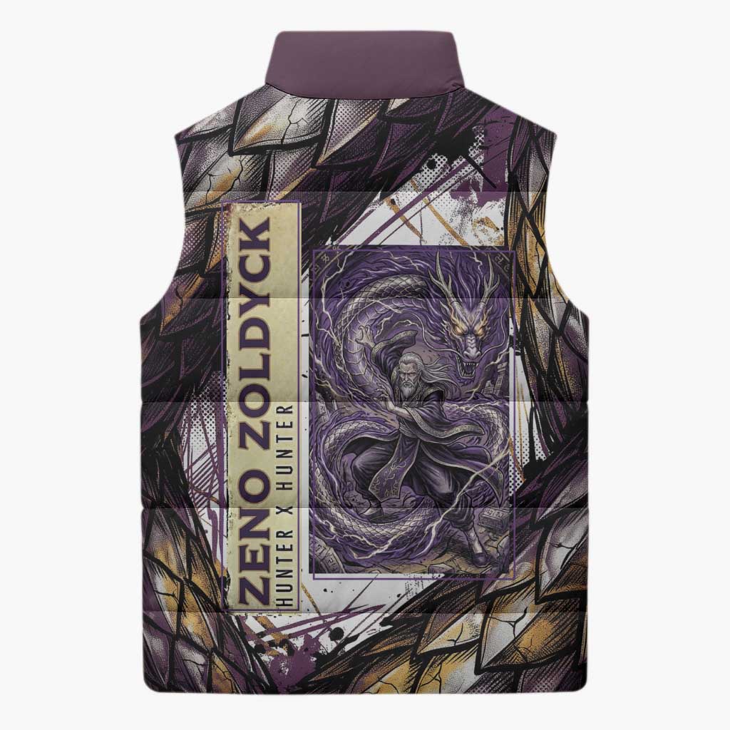 Zeno Zoldyck Theme White and Purple Dragon Aura Design Sleeveless Puffer Jacket with Dark Energy Card Artwork - The Mazicc