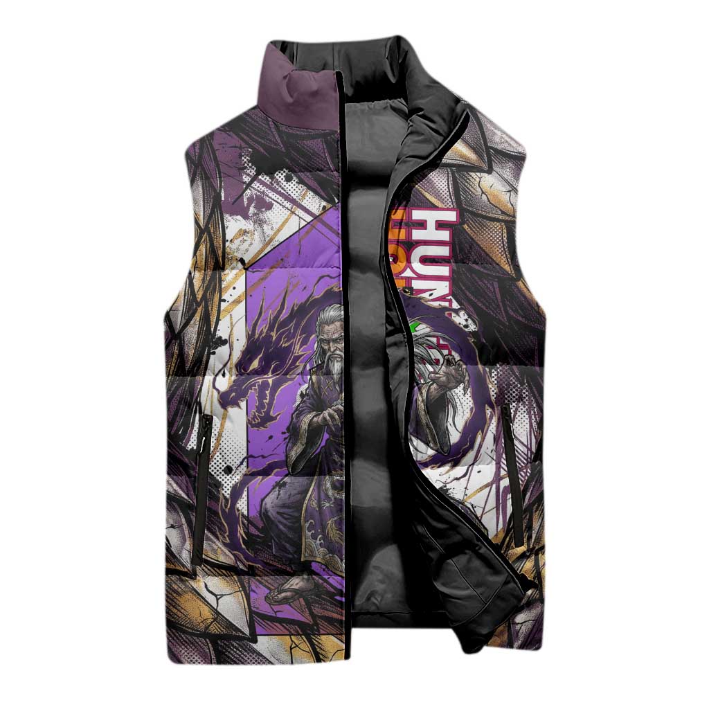 Zeno Zoldyck Theme White and Purple Dragon Aura Design Sleeveless Puffer Jacket with Dark Energy Card Artwork - The Mazicc