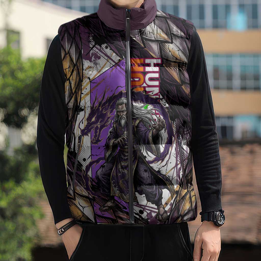 Zeno Zoldyck Theme White and Purple Dragon Aura Design Sleeveless Puffer Jacket with Dark Energy Card Artwork - The Mazicc